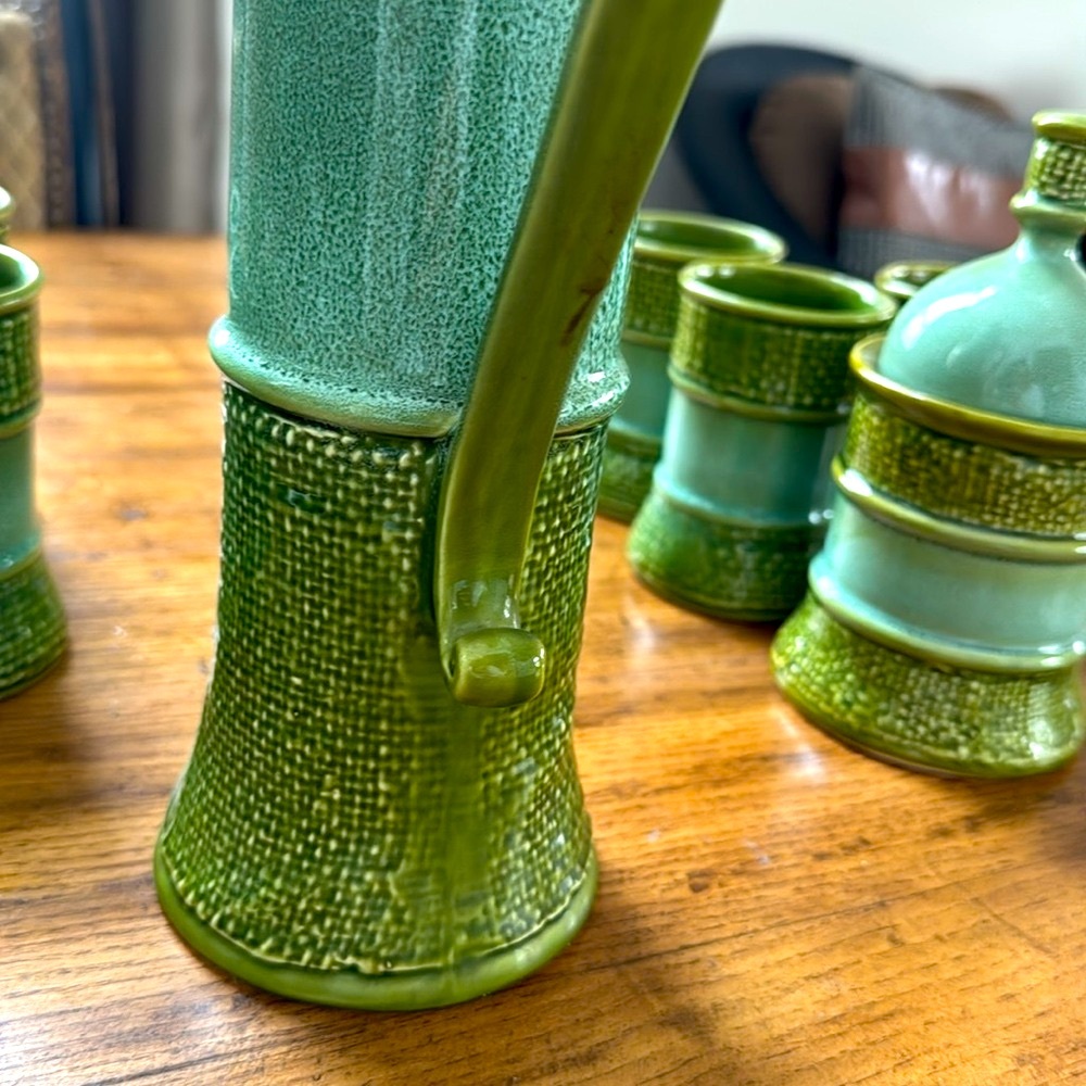 Vintage MCM Green Ceramic Coffee Set | Carafe 16 1/2 tall by 8 1/2 wide - Picture 11 of 17